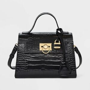 Croc-Embossed Black Top Handle Satchel with Gold Accents